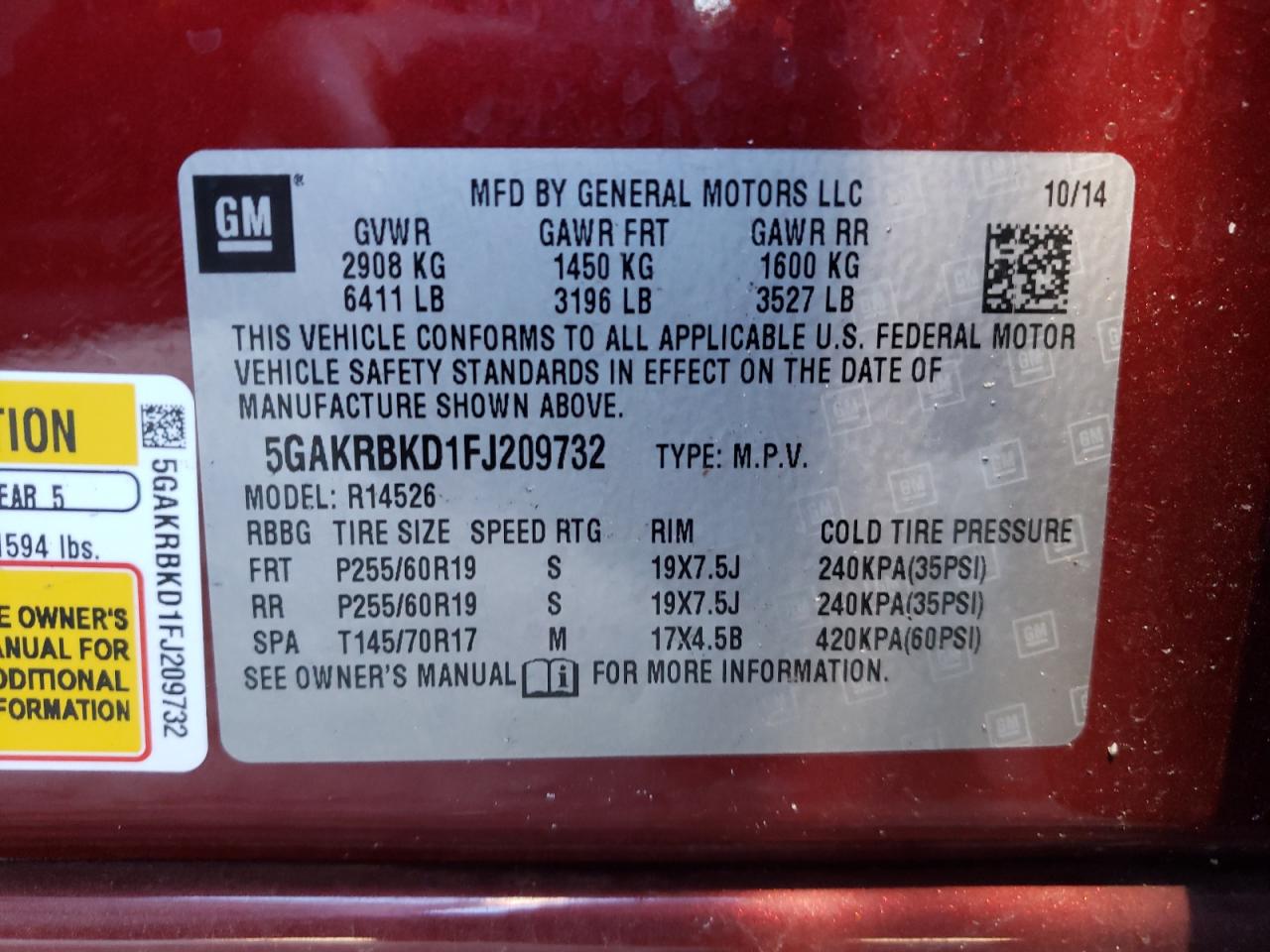 Photo 10 from auction – 2015 BUICK ENCLAVE with VIN 5GAKRBKD1FJ209732