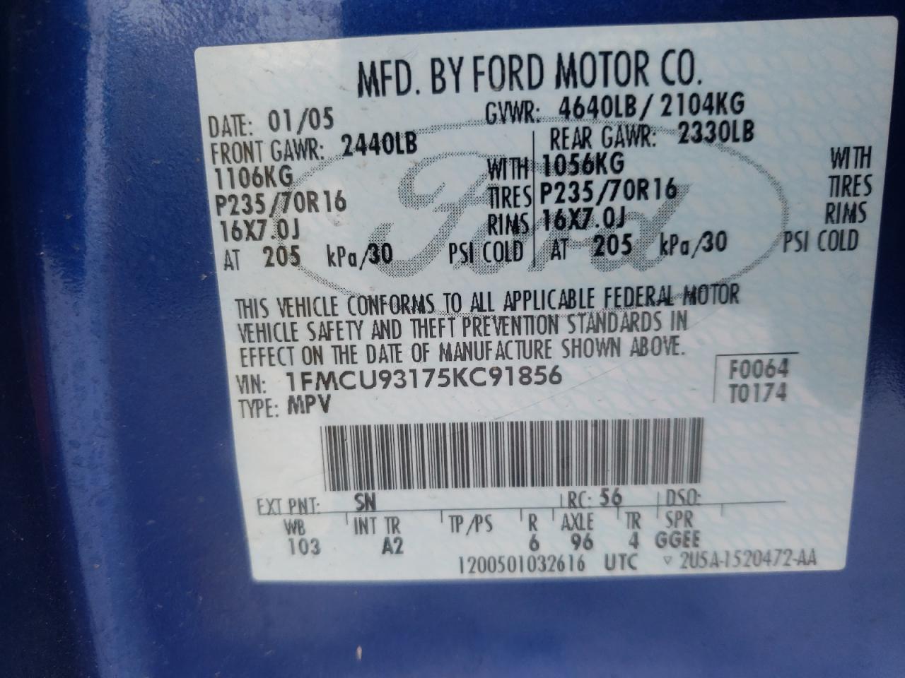 Photo 10 from auction – 2005 FORD ESCAPE XLT with VIN 1FMCU93175KC91856