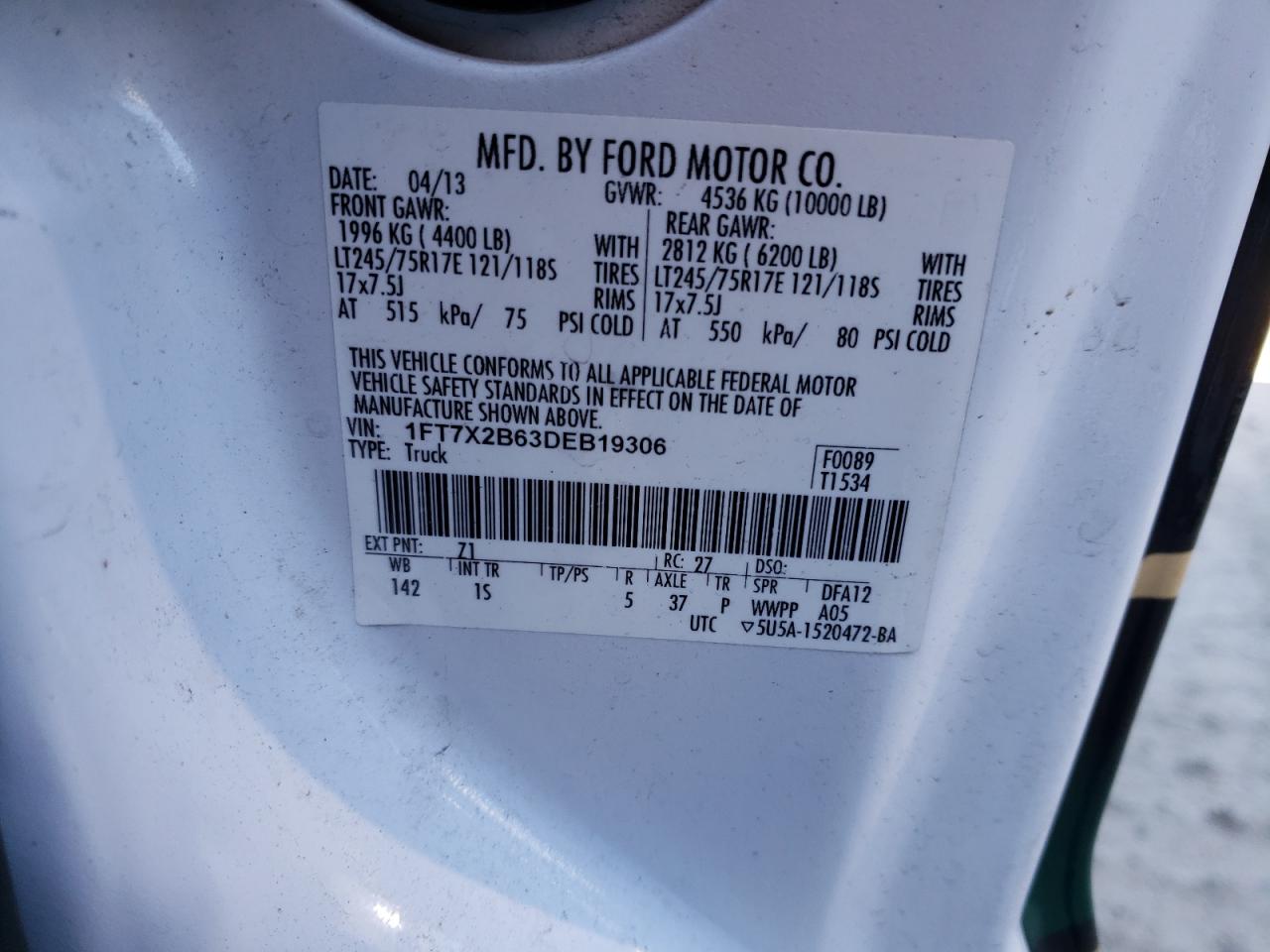 Photo 10 from auction – 2013 FORD F250 SUPER with VIN 1FT7X2B63DEB19306