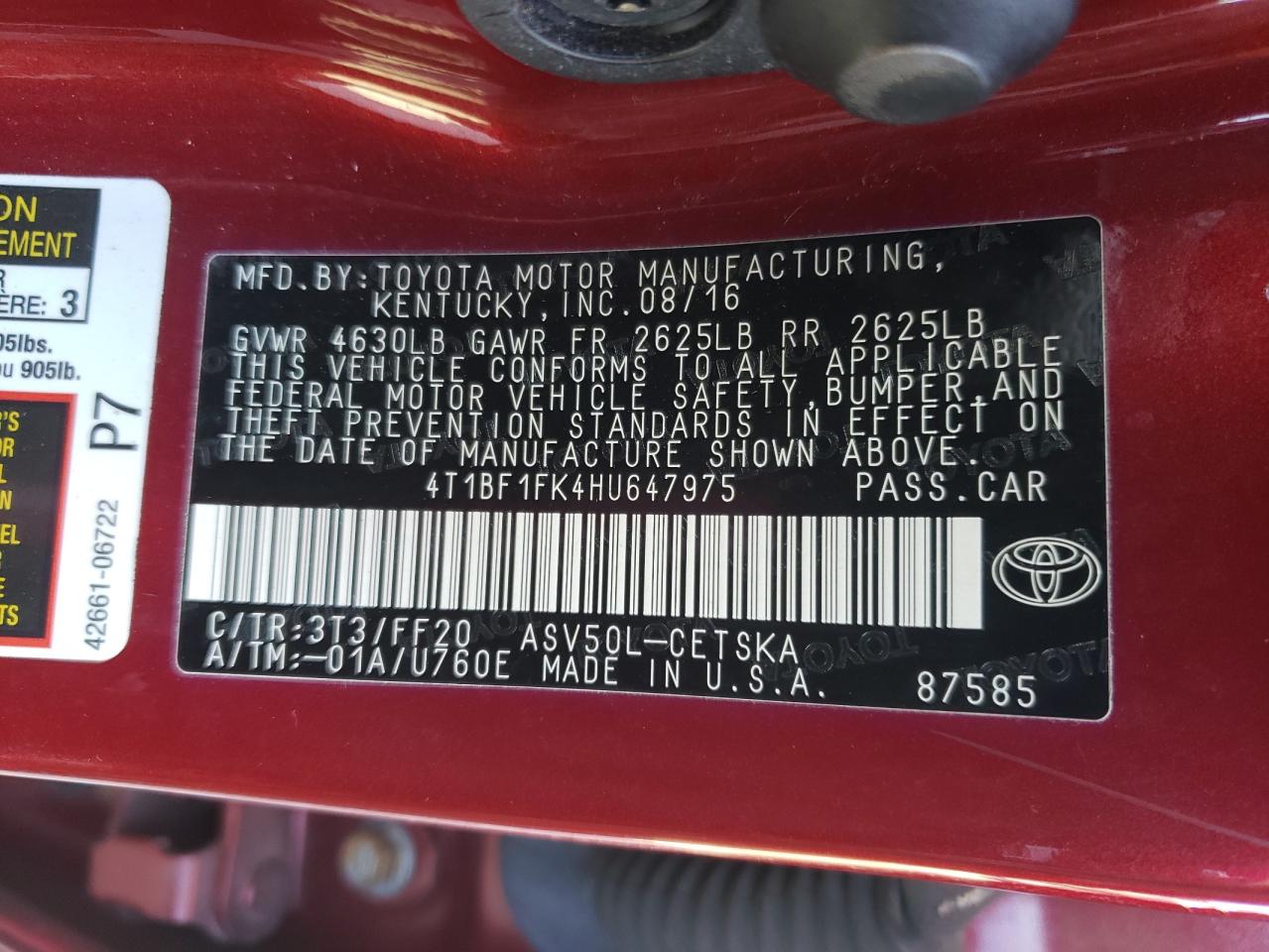 Photo 10 from auction – 2017 TOYOTA CAMRY LE with VIN 4T1BF1FK4HU647975