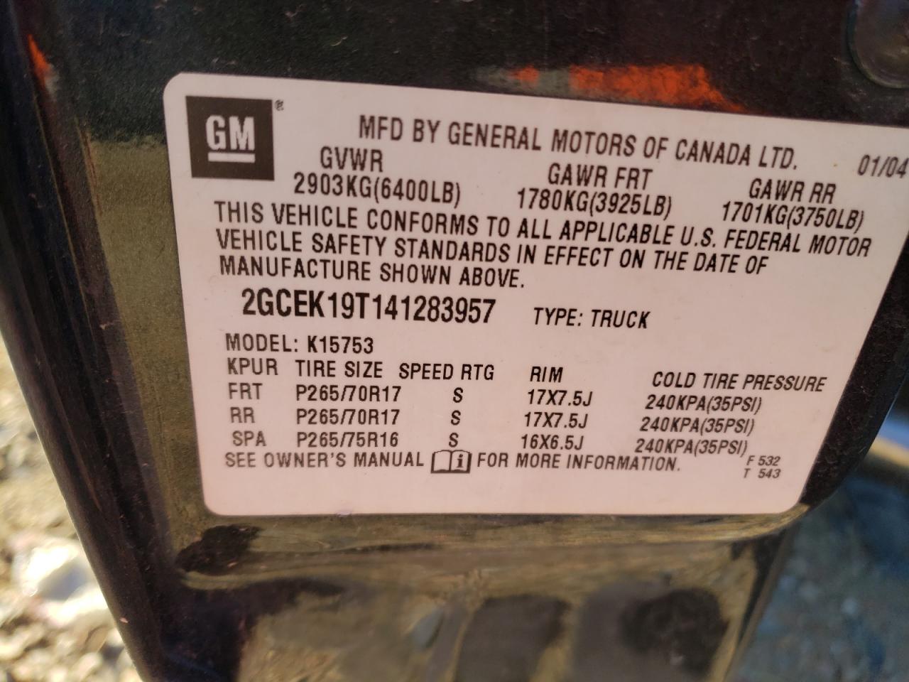 Photo 10 from auction – 2004 CHEVROLET SILVERADO with VIN 2GCEK19T141283957