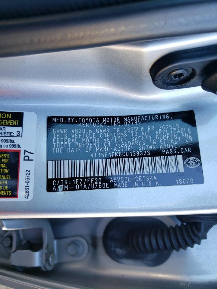 Photo 10 from auction – 2012 TOYOTA CAMRY BASE with VIN 4T1BF1FK6CU139323