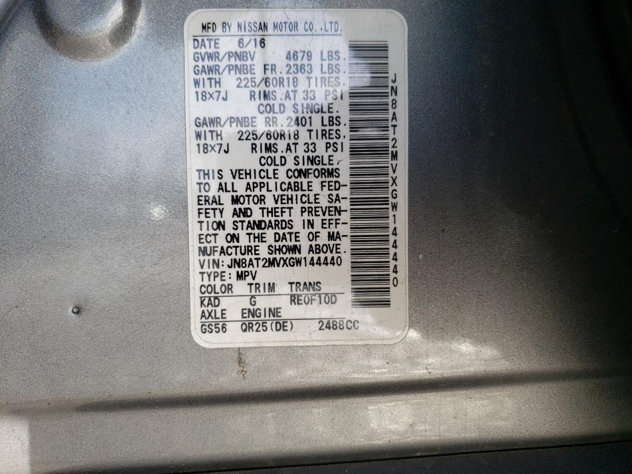 Photo 10 from auction – 2016 NISSAN ROGUE S with VIN JN8AT2MVXGW144440