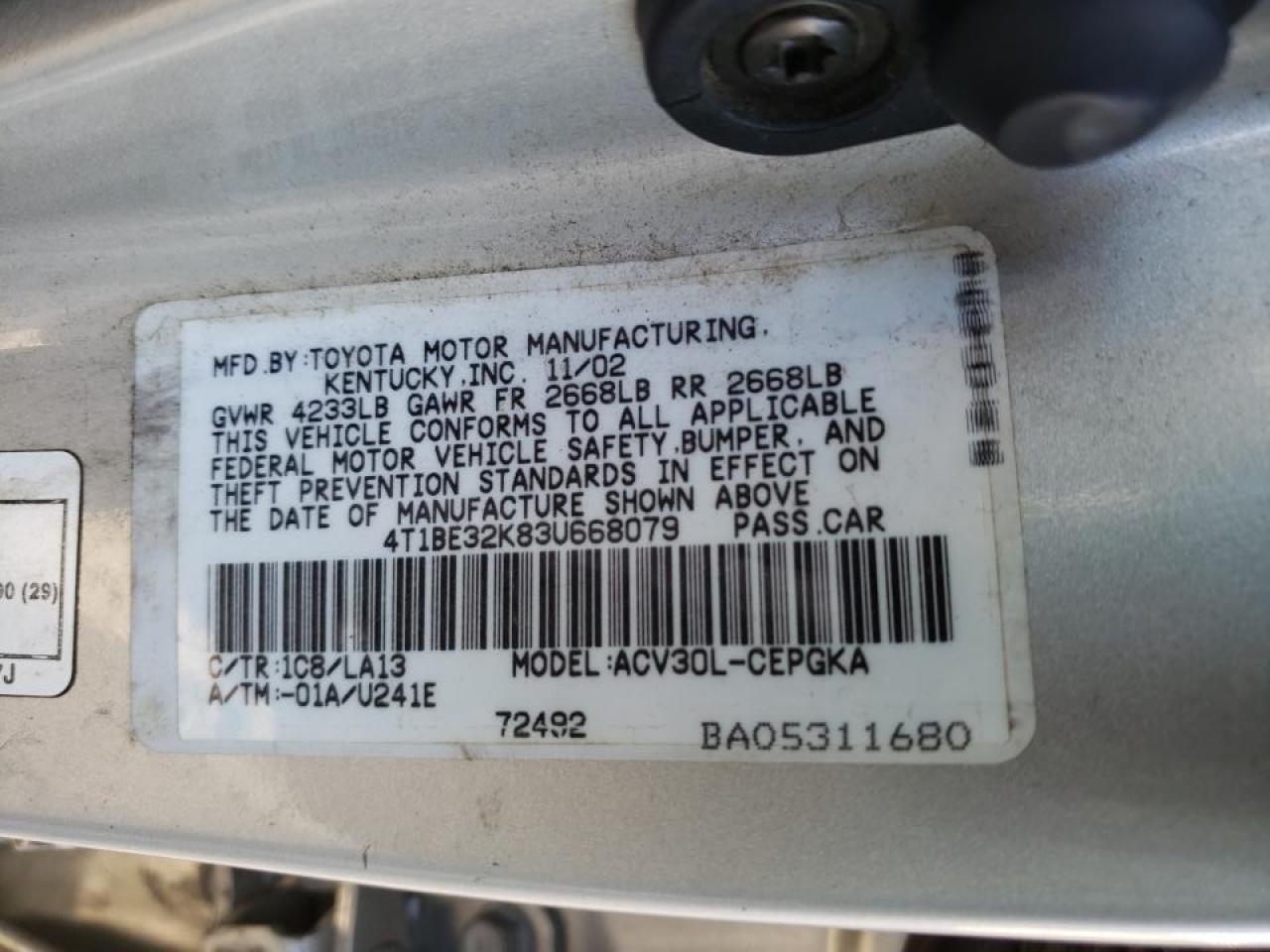 Photo 10 from auction – 2003 TOYOTA CAMRY LE with VIN 4T1BE32K83U668079
