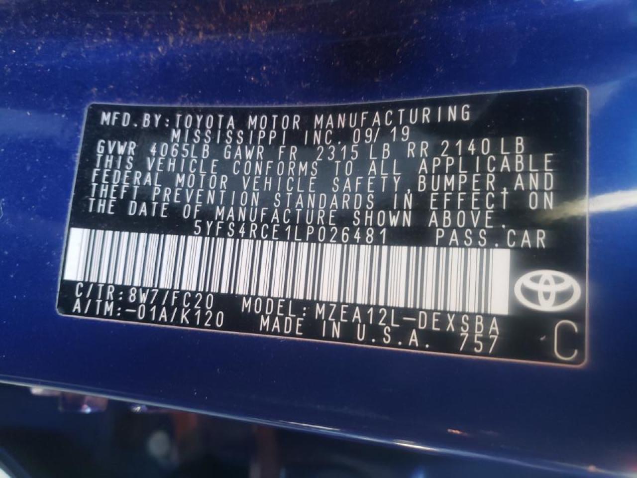 Photo 10 from auction – 2020 TOYOTA COROLLA SE with VIN 5YFS4RCE1LP026481