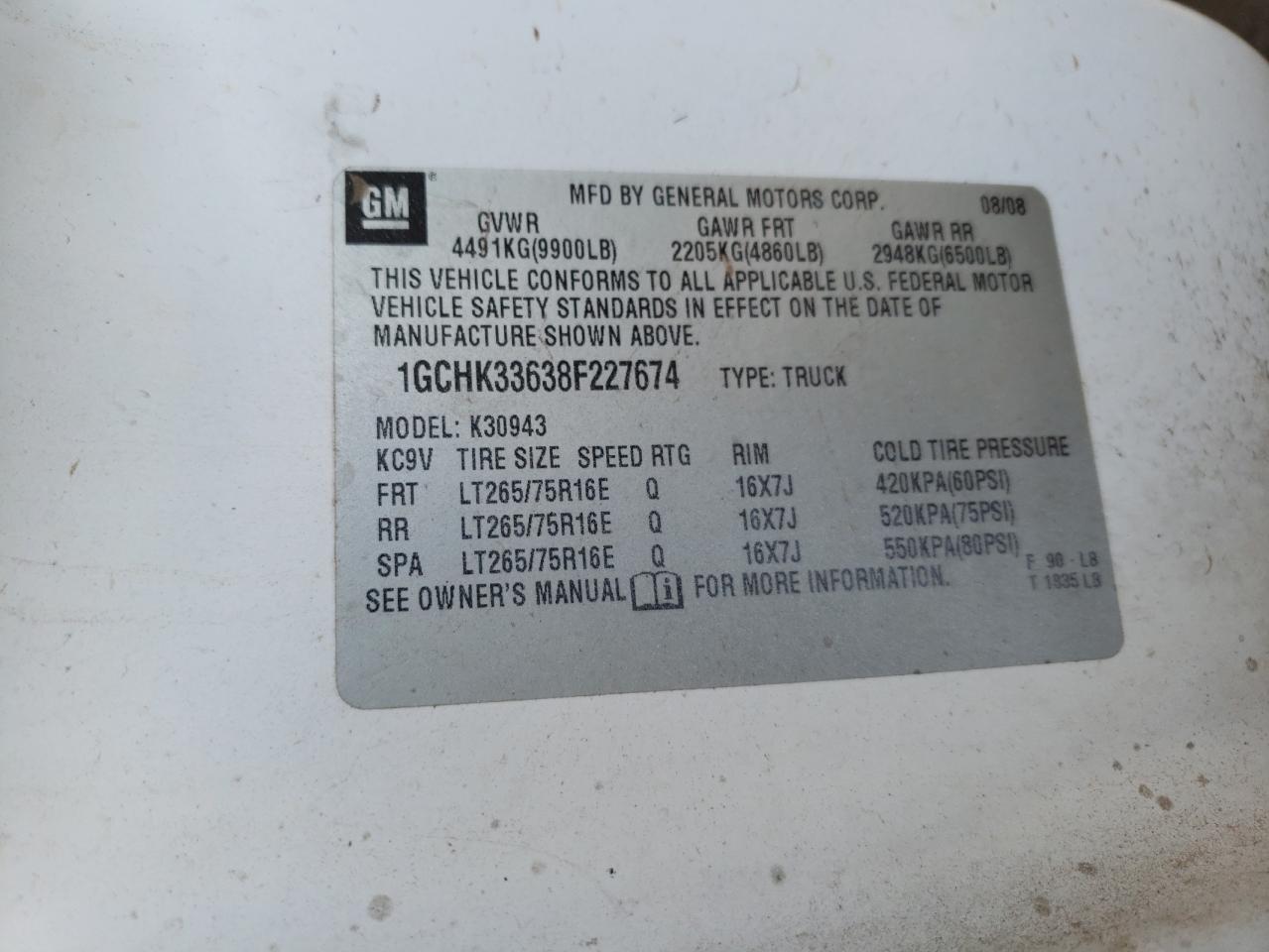 Photo 10 from auction – 2008 CHEVROLET K3500 with VIN 1GCHK33638F227674