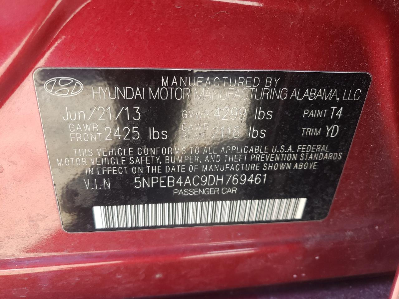 Photo 10 from auction – 2013 HYUNDAI SONATA GLS with VIN 5NPEB4AC9DH769461