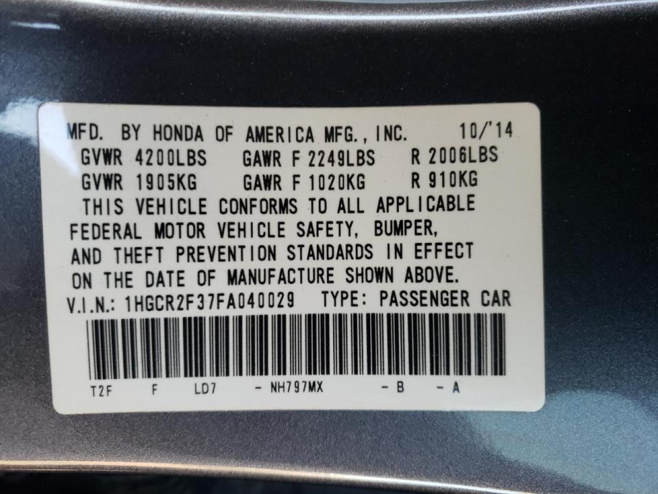 Photo 10 from auction – 2015 HONDA ACCORD LX with VIN 1HGCR2F37FA040029