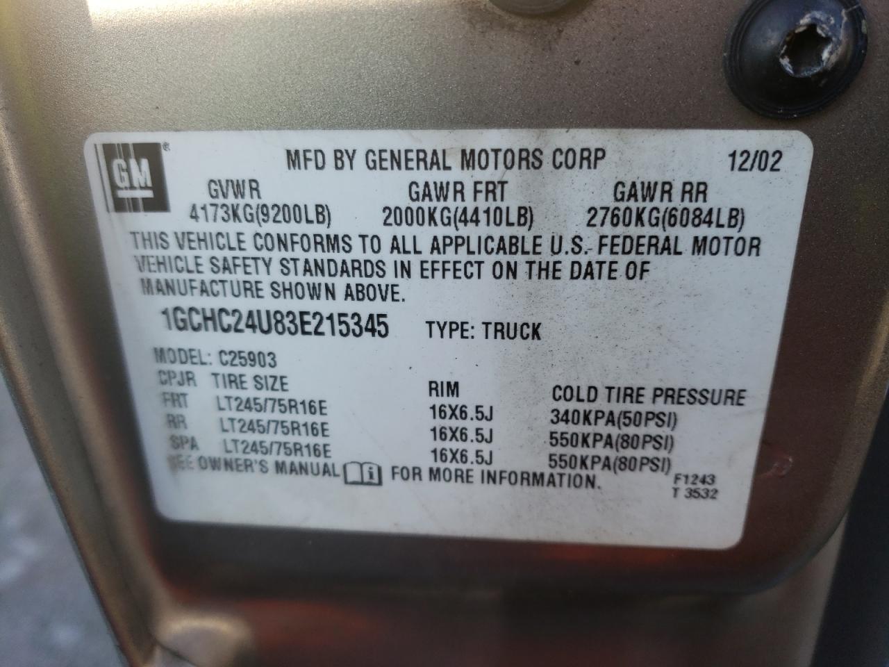 Photo 10 from auction – 2003 CHEVROLET SILVERADO with VIN 1GCHC24U83E215345