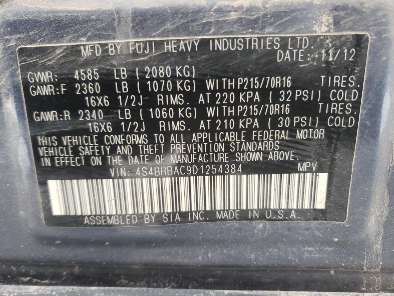 Photo 10 from auction – 2013 SUBARU OUTBACK with VIN 4S4BRBAC9D1254384