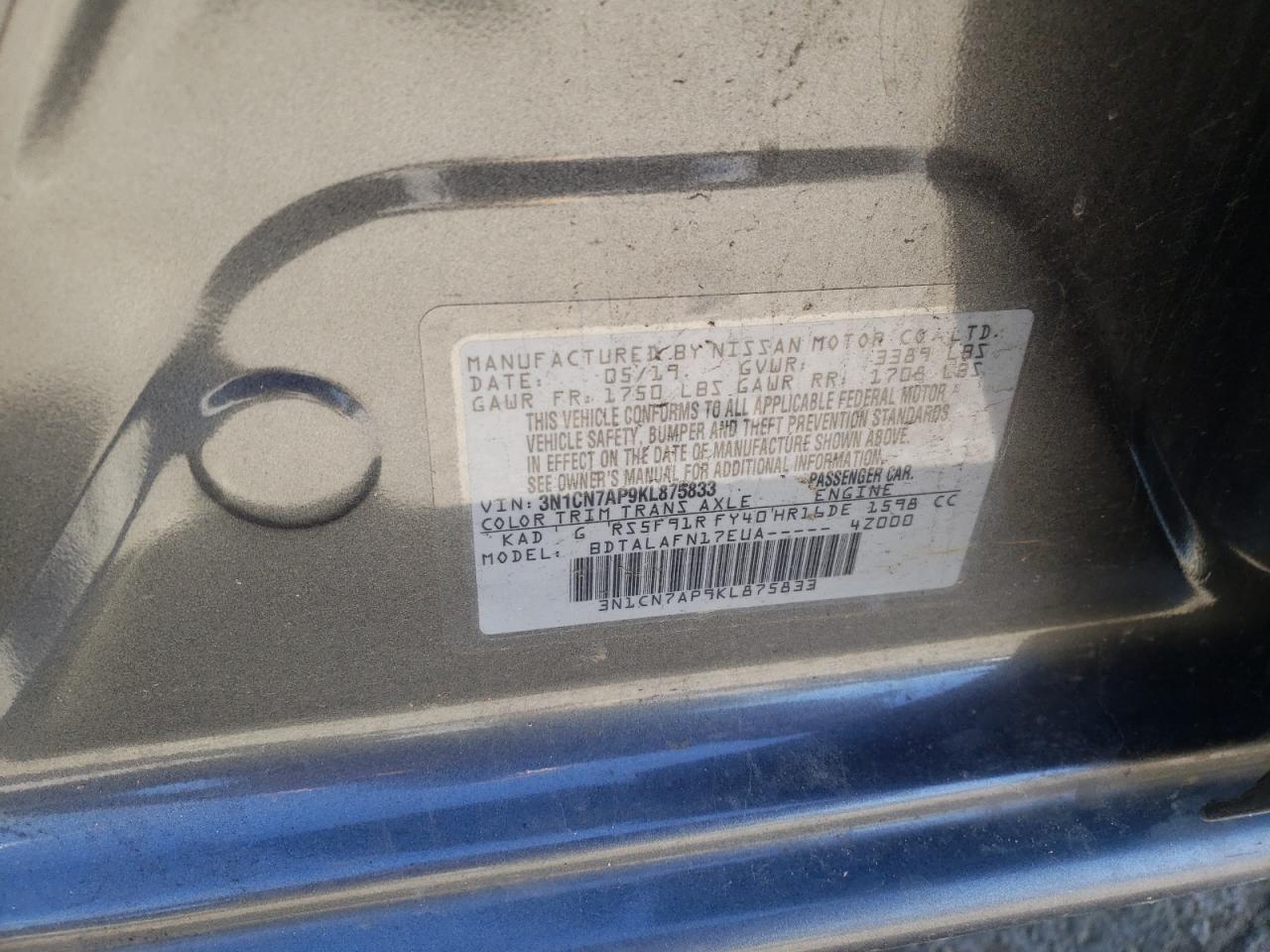 Photo 10 from auction – 2019 NISSAN VERSA S with VIN 3N1CN7AP9KL875833