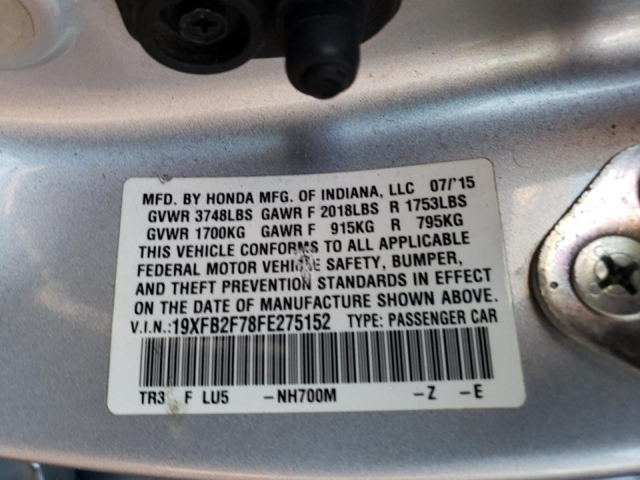 Photo 10 from auction – 2015 HONDA CIVIC SE with VIN 19XFB2F78FE275152