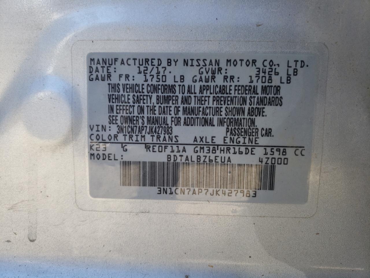 Photo 10 from auction – 2018 NISSAN VERSA S with VIN 3N1CN7AP7JK427983