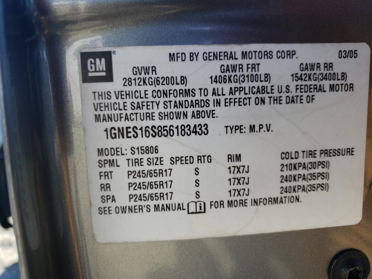 Photo 10 from auction – 2005 CHEVROLET TRAILBLAZE with VIN 1GNES16S856183433