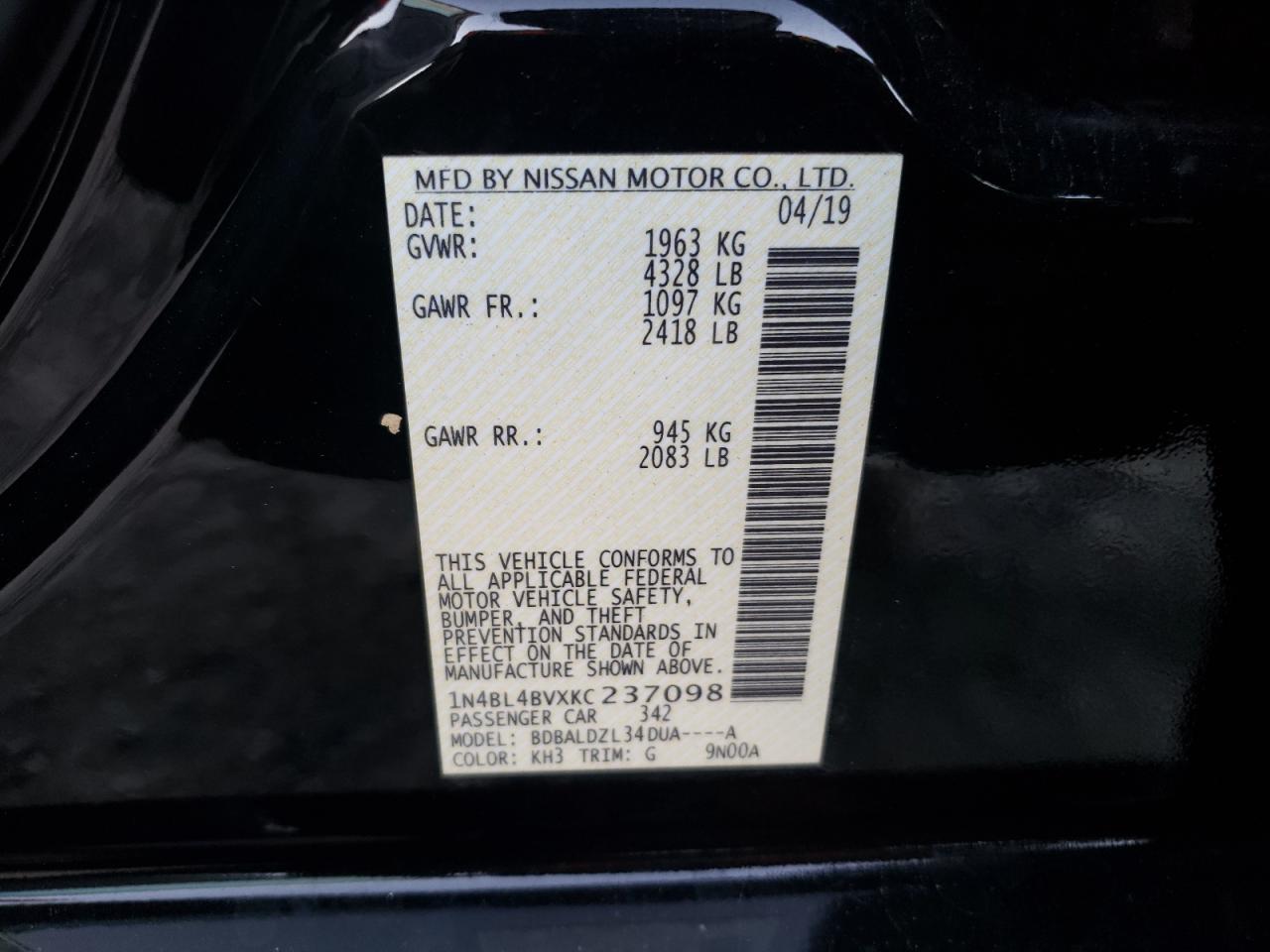 Photo 10 from auction – 2019 NISSAN ALTIMA S with VIN 1N4BL4BVXKC237098