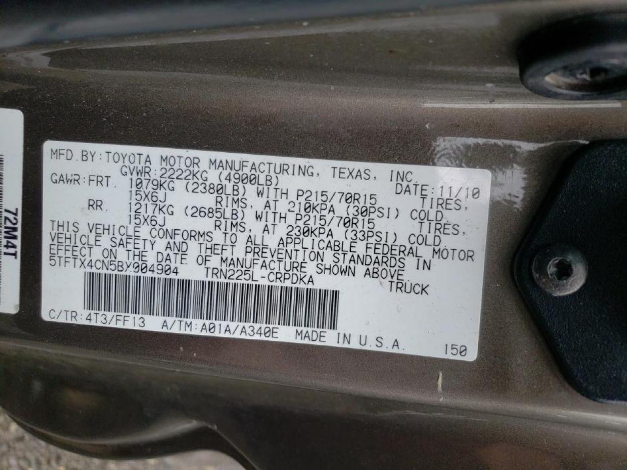 Photo 10 from auction – 2011 TOYOTA TACOMA ACC with VIN 5TFTX4CN5BX004904
