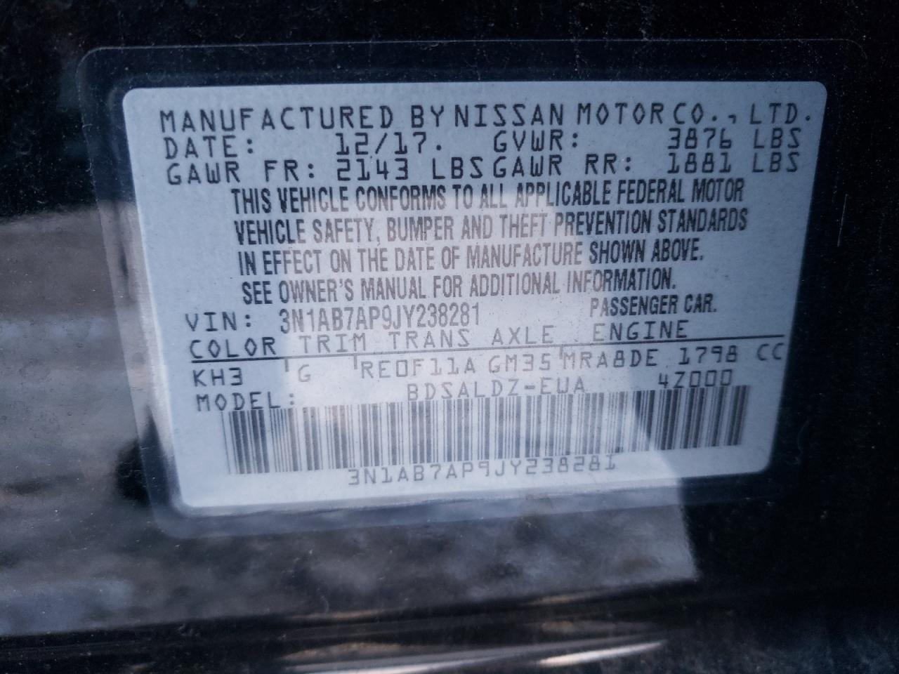 Photo 10 from auction – 2018 NISSAN SENTRA with VIN 3N1AB7AP9JY238281