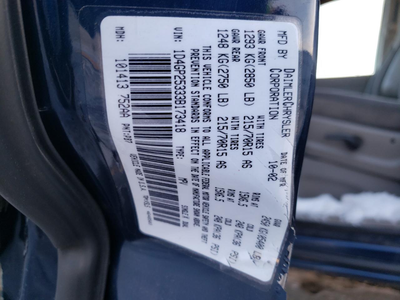 Photo 10 from auction – 2003 DODGE CARAVAN SE with VIN 1D4GP25333B173418