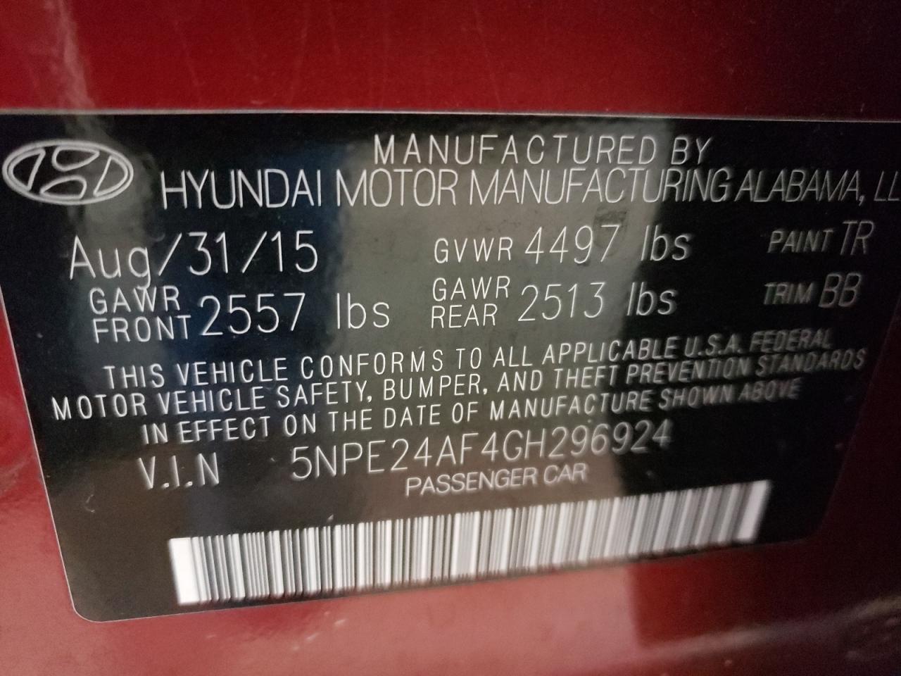 Photo 10 from auction – 2016 HYUNDAI SONATA SE with VIN 5NPE24AF4GH296924
