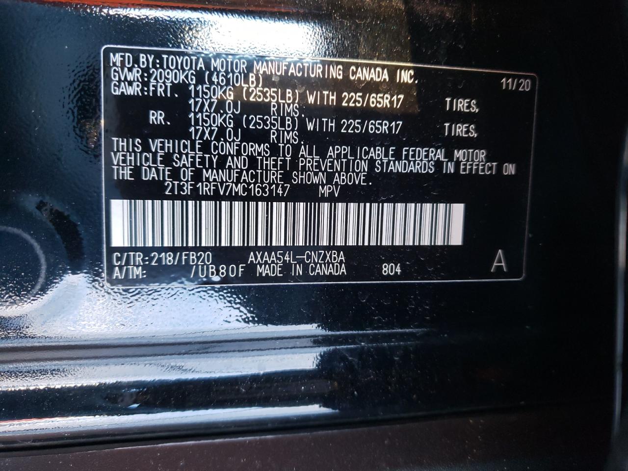 Photo 10 from auction – 2021 TOYOTA RAV4 LE with VIN 2T3F1RFV7MC163147