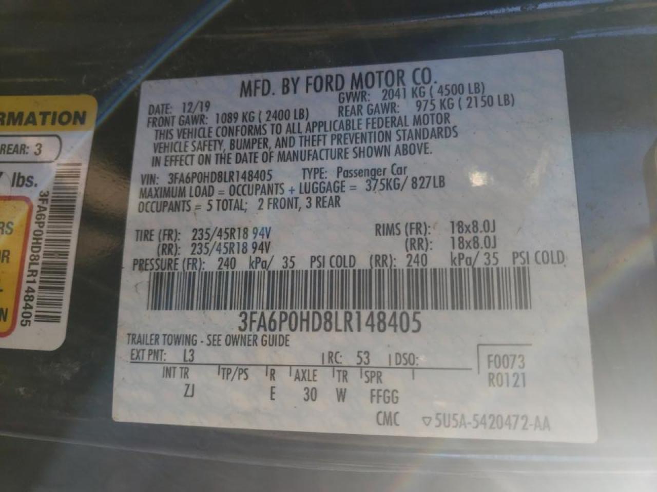 Photo 10 from auction – 2020 FORD FUSION SE with VIN 3FA6P0HD8LR148405
