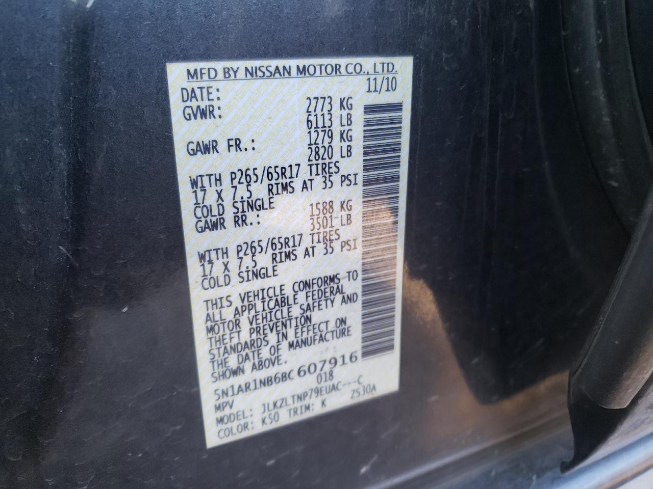 Photo 10 from auction – 2011 NISSAN PATHFINDER with VIN 5N1AR1NB6BC607916