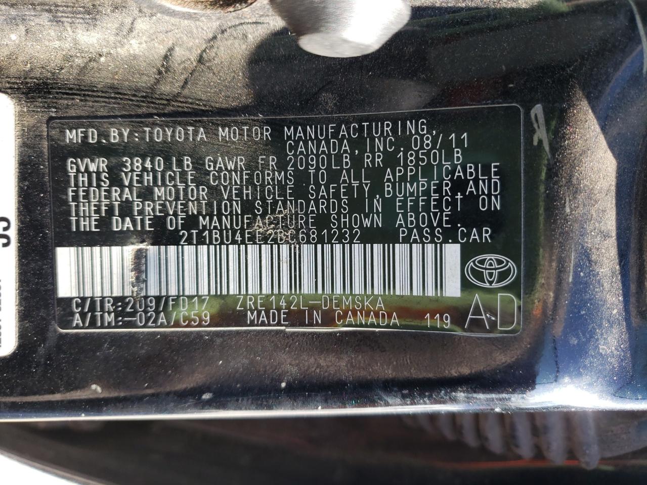 Photo 10 from auction – 2011 TOYOTA COROLLA BA with VIN 2T1BU4EE2BC681232