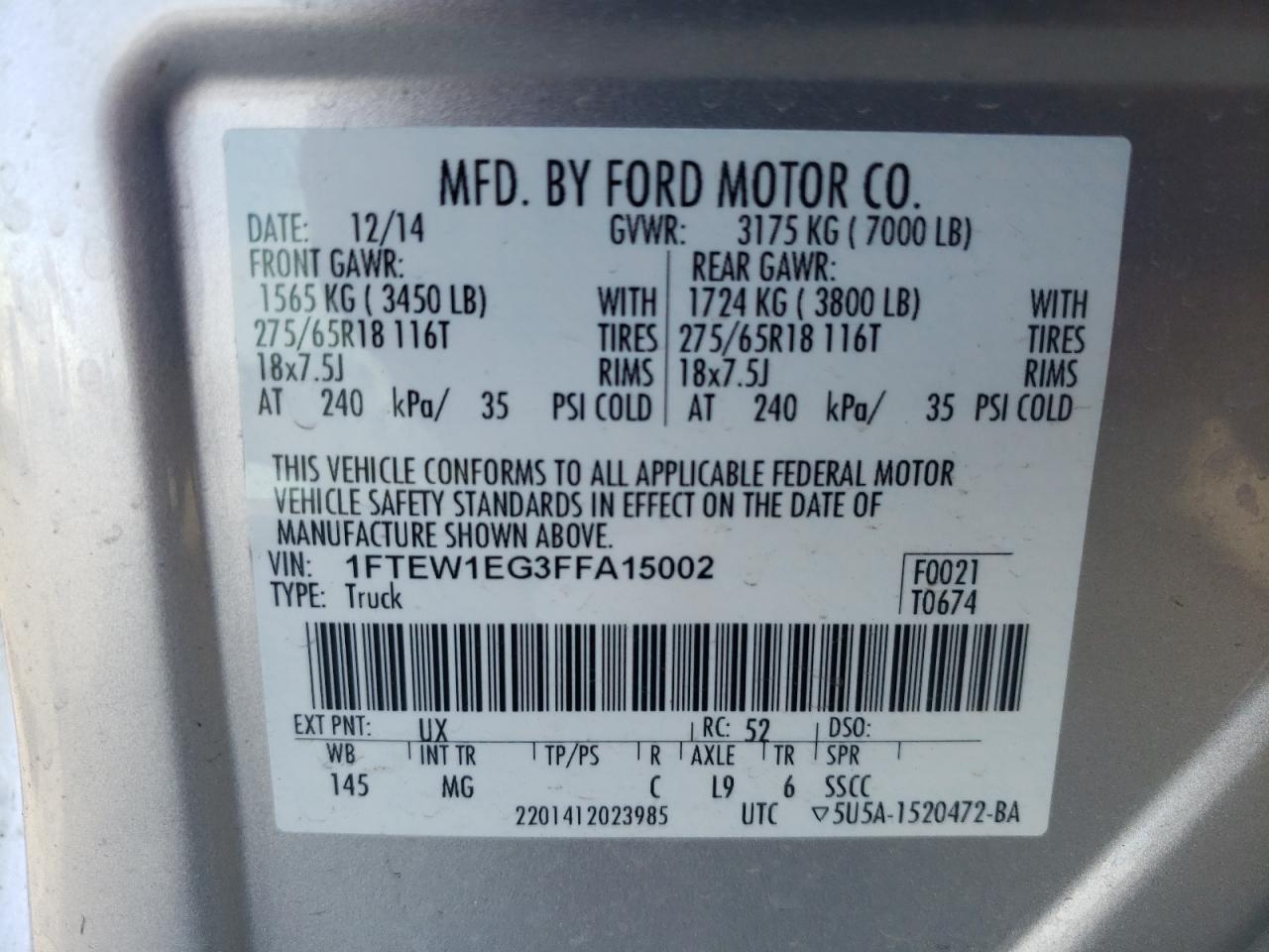 Photo 10 from auction – 2015 FORD F150 SUPER with VIN 1FTEW1EG3FFA15002
