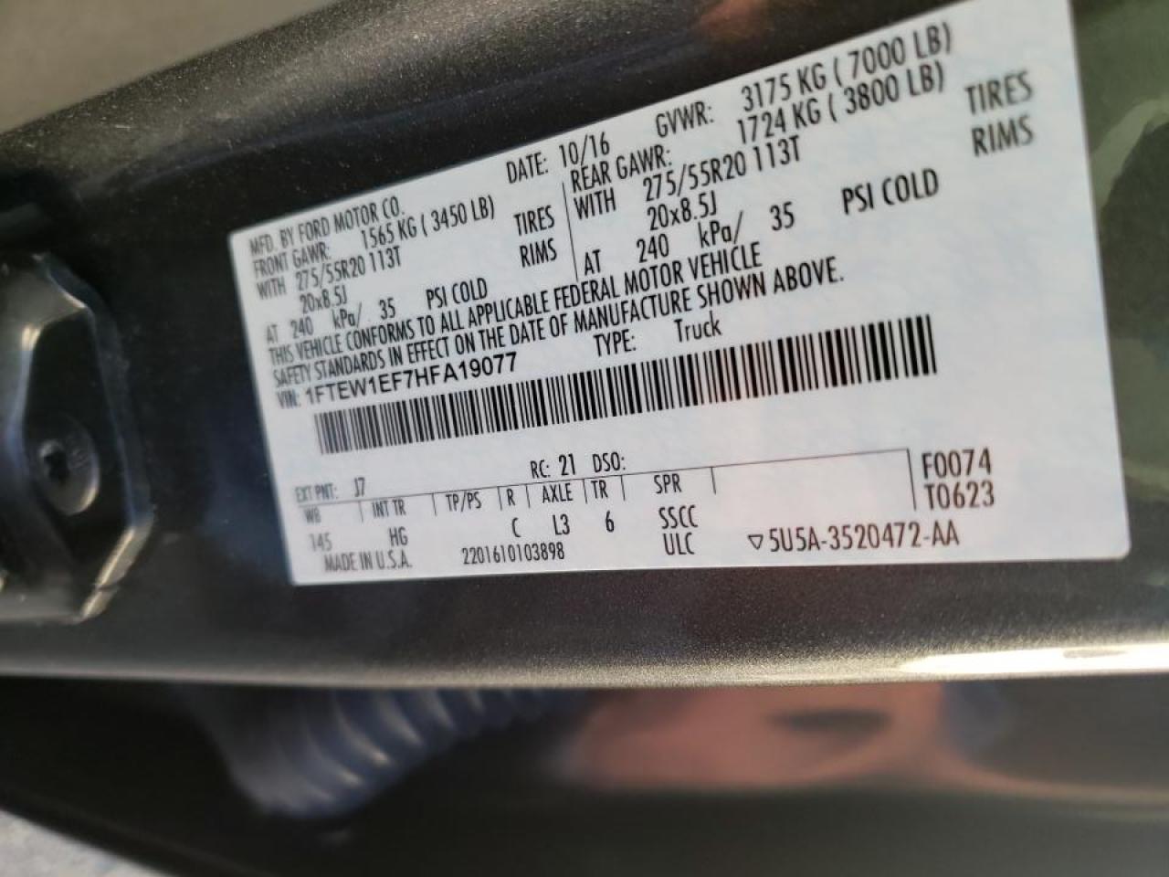 Photo 10 from auction – 2017 FORD F150 SUPER with VIN 1FTEW1EF7HFA19077