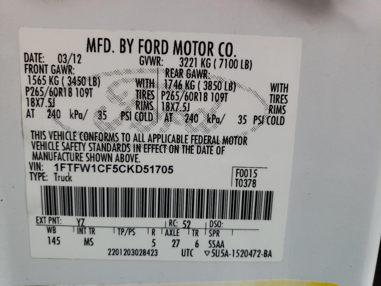 Photo 10 from auction – 2012 FORD F150 SUPER with VIN 1FTFW1CF5CKD51705