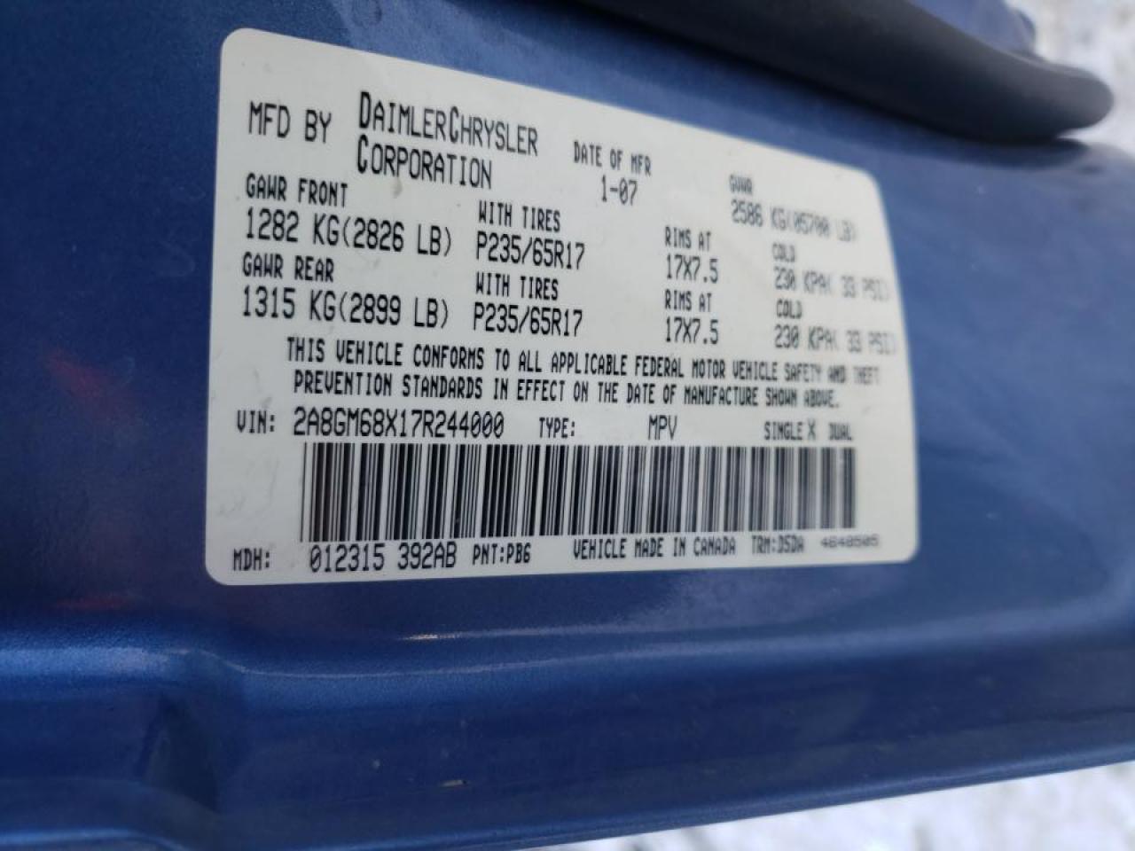 Photo 10 from auction – 2007 CHRYSLER PACIFICA T with VIN 2A8GM68X17R244000