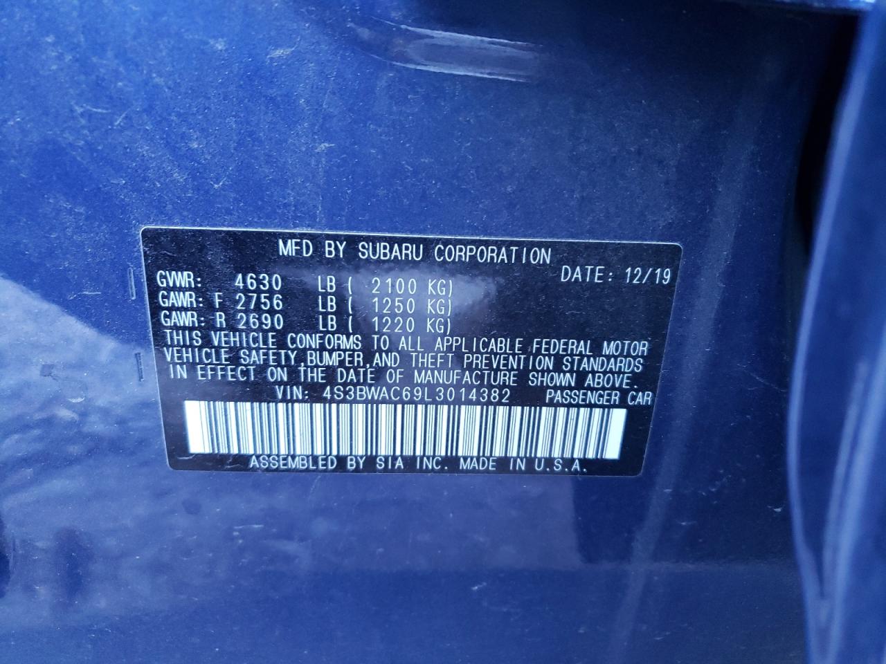 Photo 10 from auction – 2020 SUBARU LEGACY PRE with VIN 4S3BWAC69L3014382