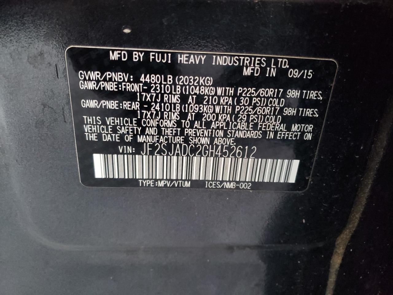 Photo 10 from auction – 2016 SUBARU FORESTER 2 with VIN JF2SJADC2GH452612