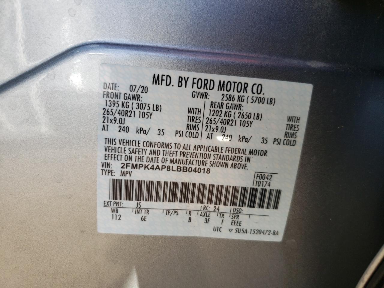 Photo 10 from auction – 2020 FORD EDGE ST with VIN 2FMPK4AP8LBB04018
