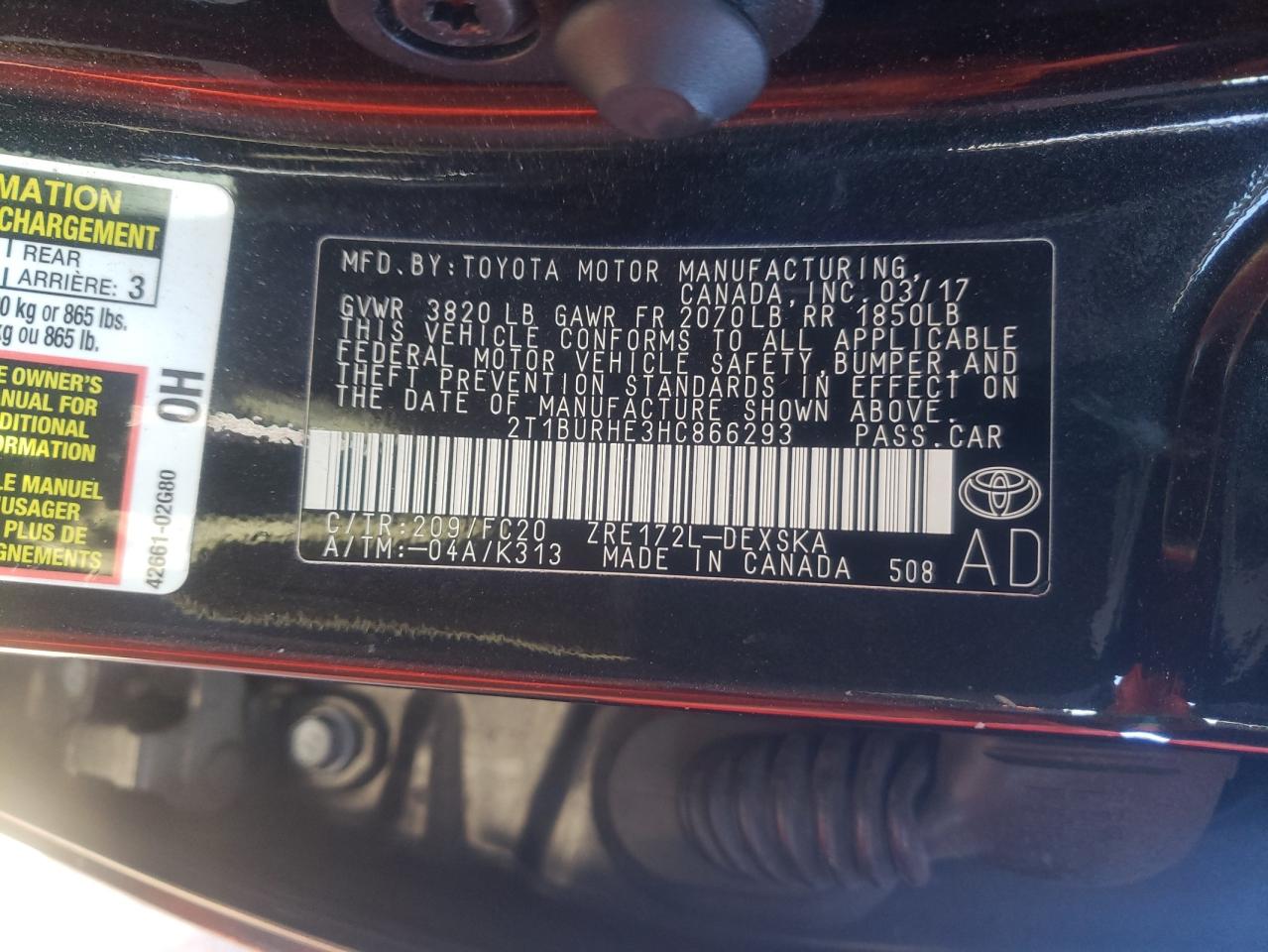 Photo 10 from auction – 2017 TOYOTA COROLLA L with VIN 2T1BURHE3HC866293
