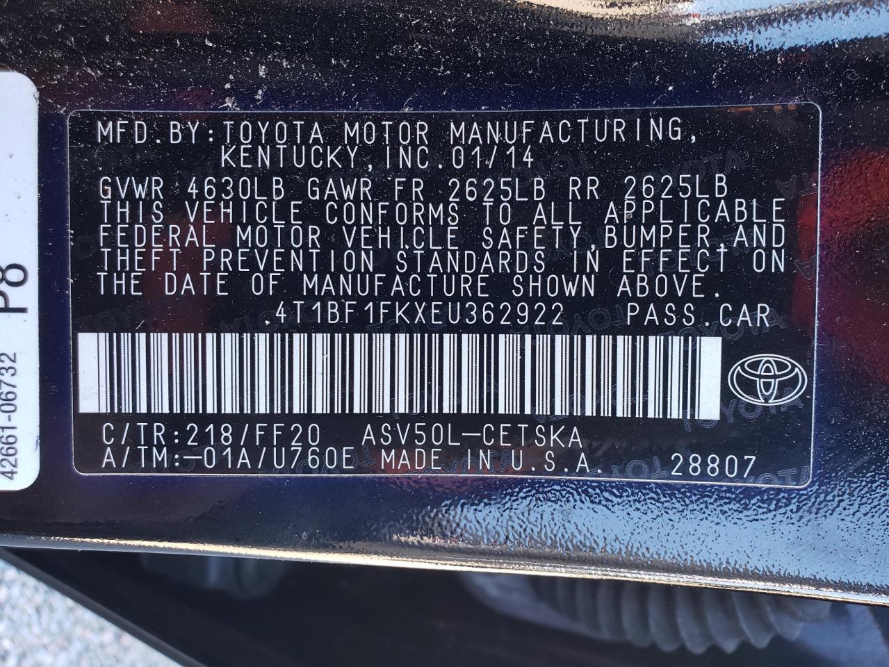 Photo 10 from auction – 2014 TOYOTA CAMRY L with VIN 4T1BF1FKXEU362922