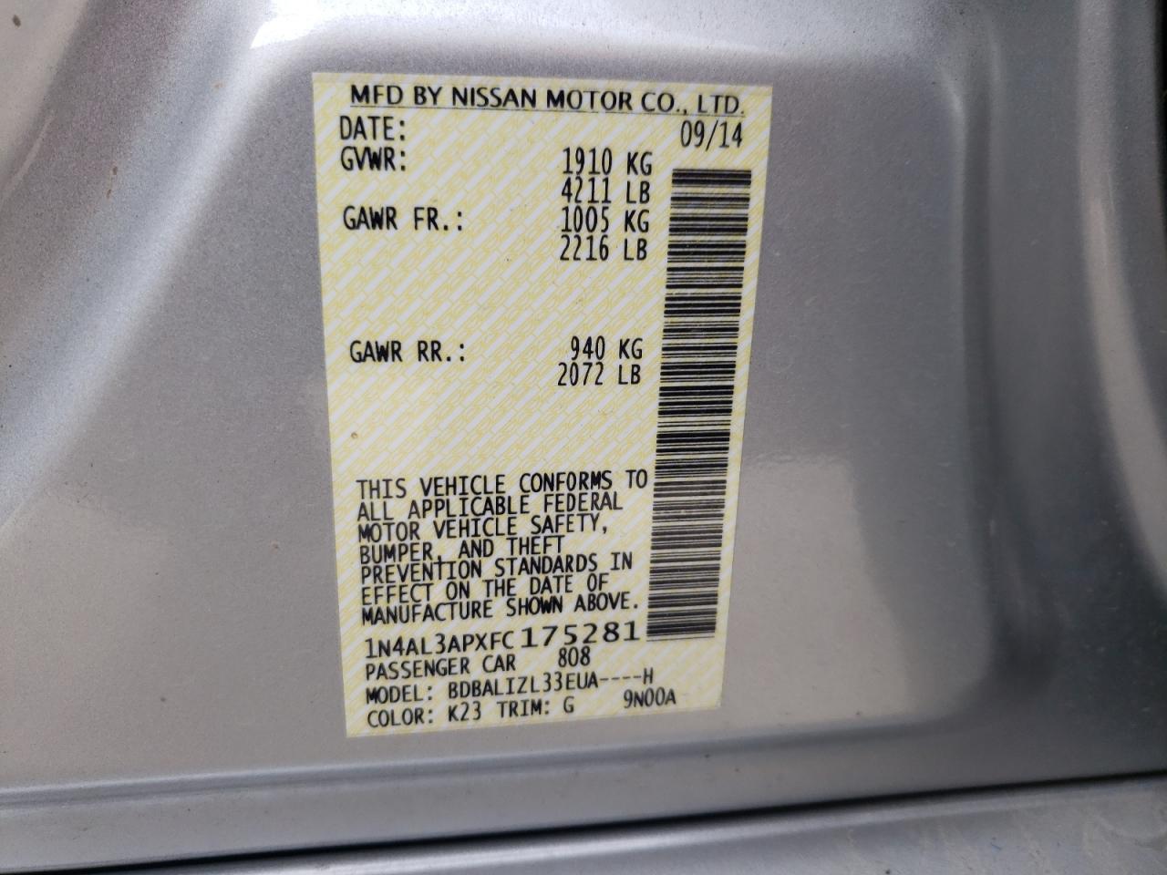 Photo 10 from auction – 2015 NISSAN ALTIMA 2.5 with VIN 1N4AL3APXFC175281