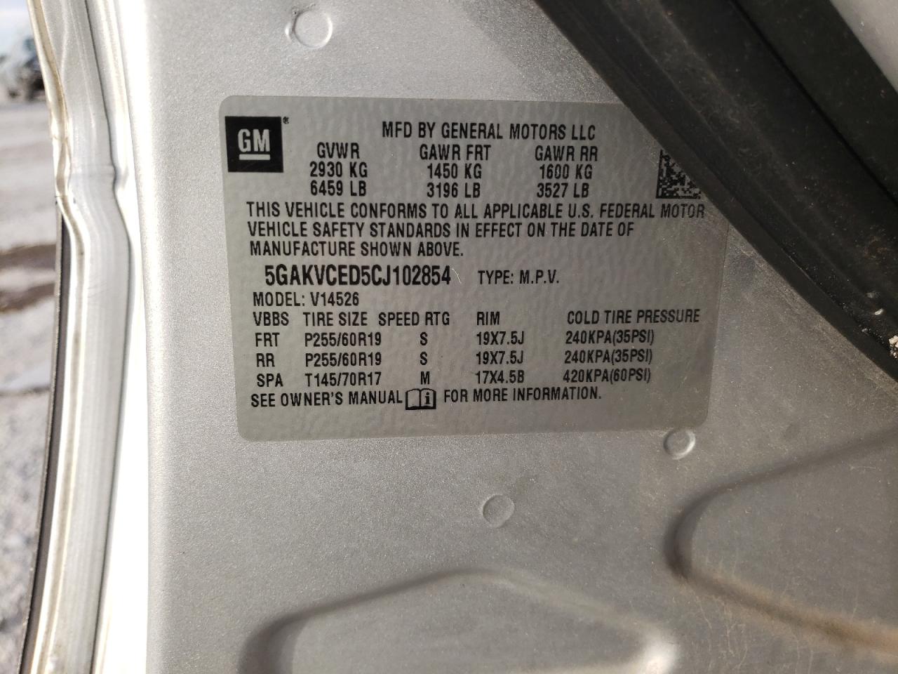 Photo 10 from auction – 2012 BUICK ENCLAVE with VIN 5GAKVCED5CJ102854