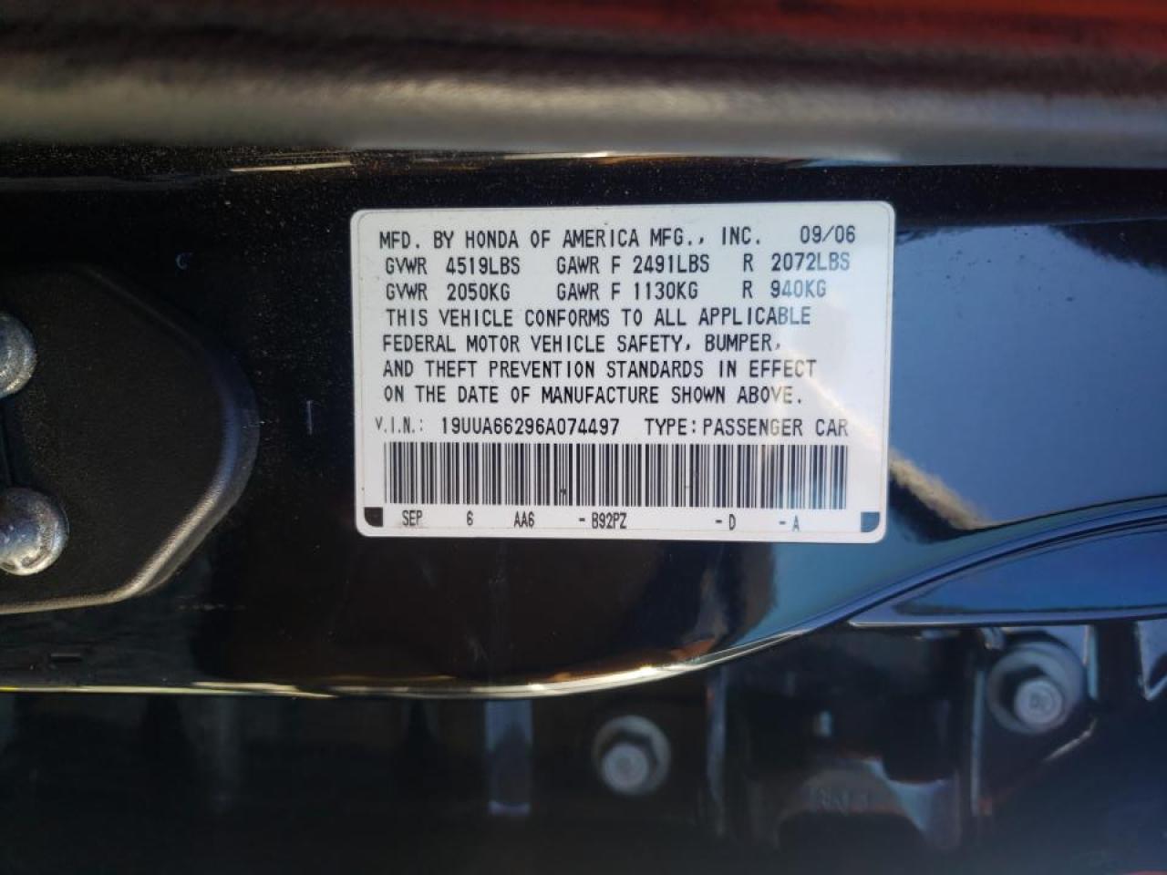 Photo 10 from auction – 2006 ACURA 3.2TL with VIN 19UUA66296A074497
