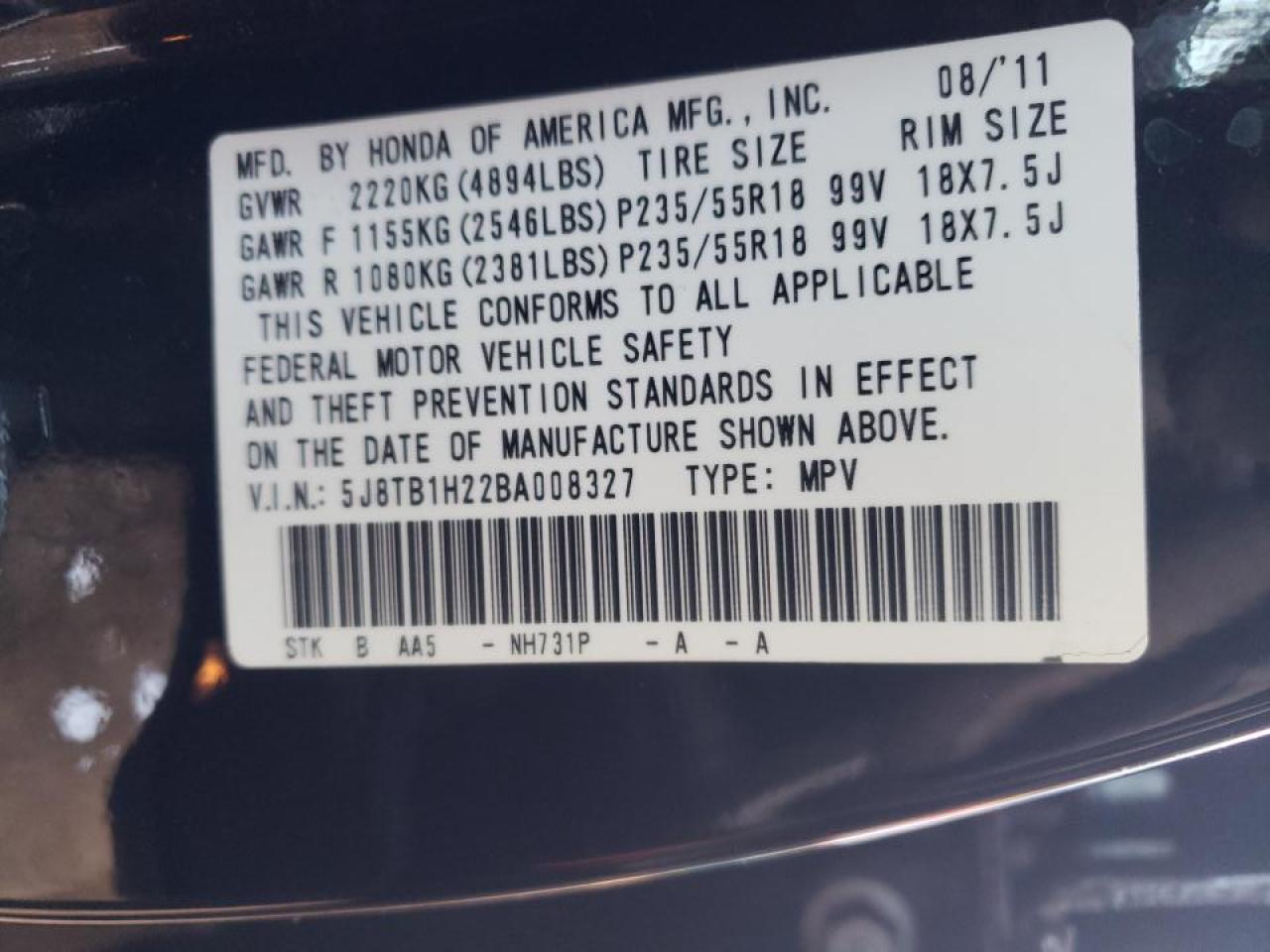 Photo 10 from auction – 2011 ACURA RDX with VIN 5J8TB1H22BA008327