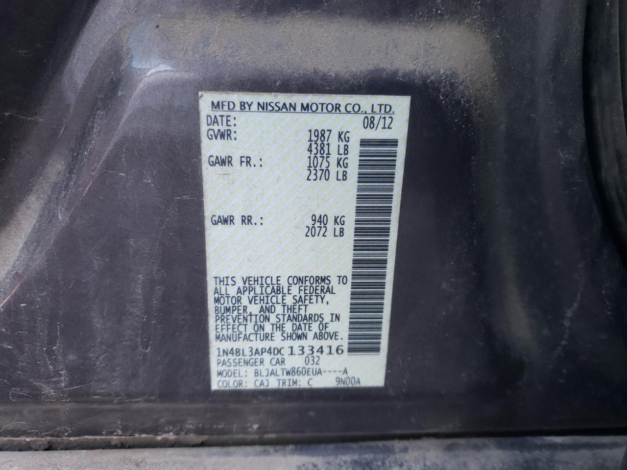 Photo 10 from auction – 2013 NISSAN ALTIMA 3.5 with VIN 1N4BL3AP4DC133416