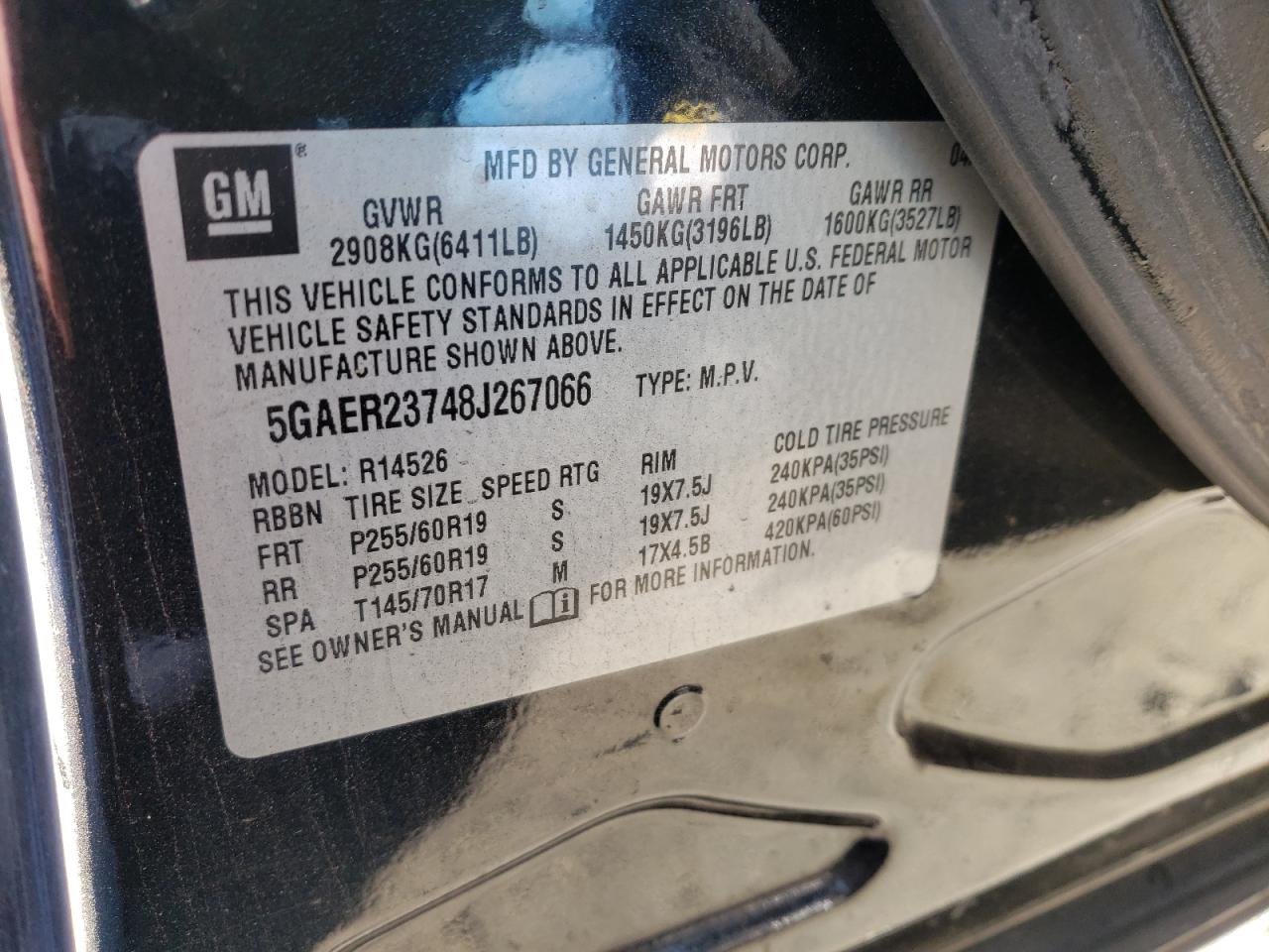 Photo 10 from auction – 2008 BUICK ENCLAVE CX with VIN 5GAER23748J267066