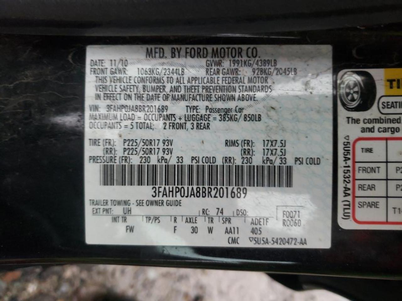 Photo 10 from auction – 2011 FORD FUSION SEL with VIN 3FAHP0JA8BR201689