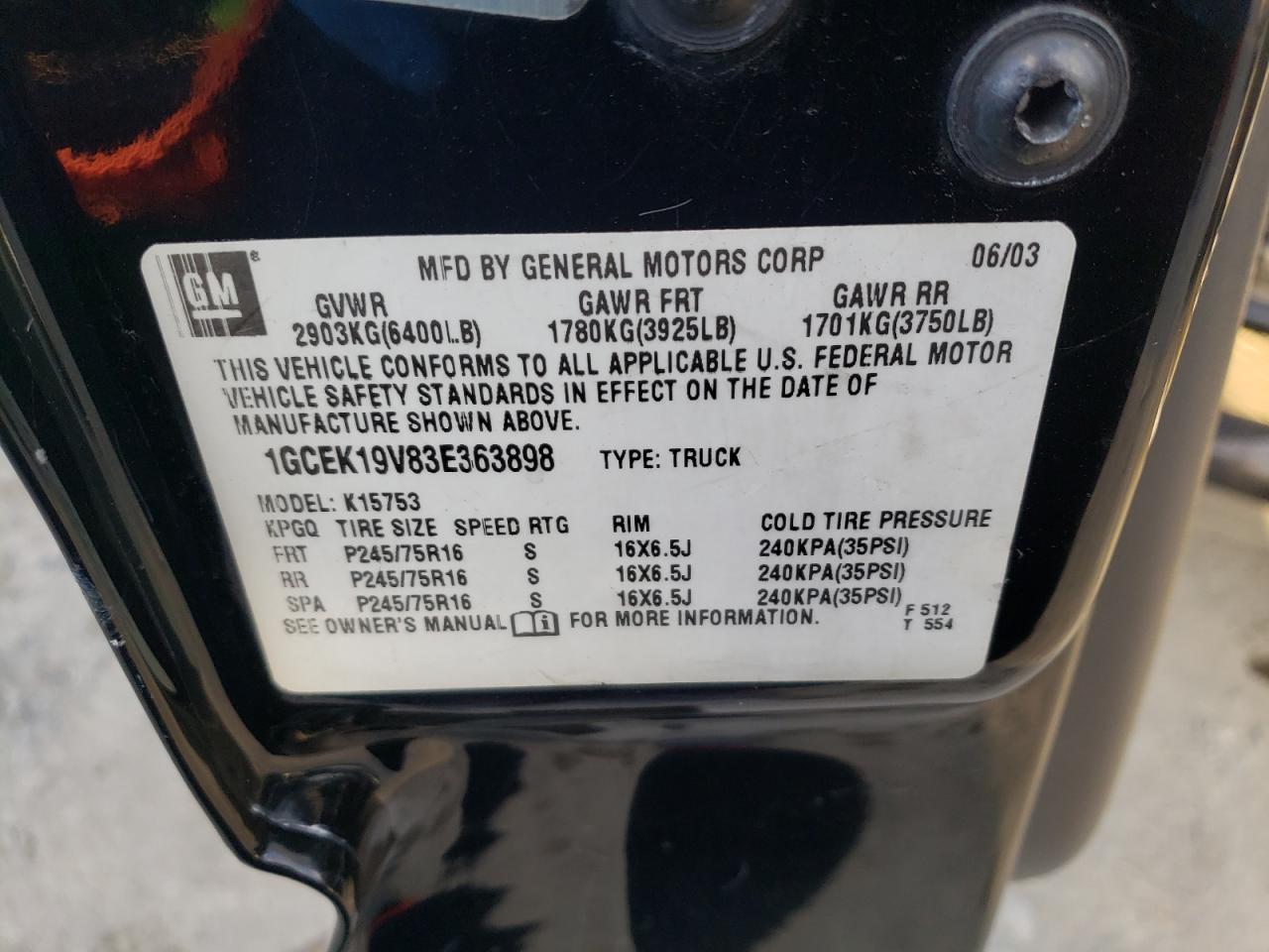 Photo 10 from auction – 2003 CHEVROLET SILVERADO with VIN 1GCEK19V83E363898