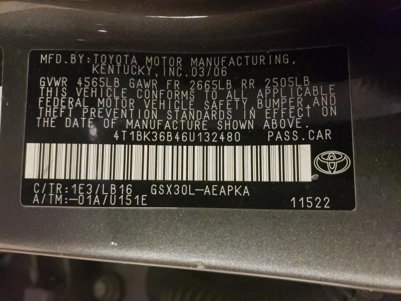 Photo 10 from auction – 2006 TOYOTA AVALON 4D with VIN 4T1BK36B46U132480