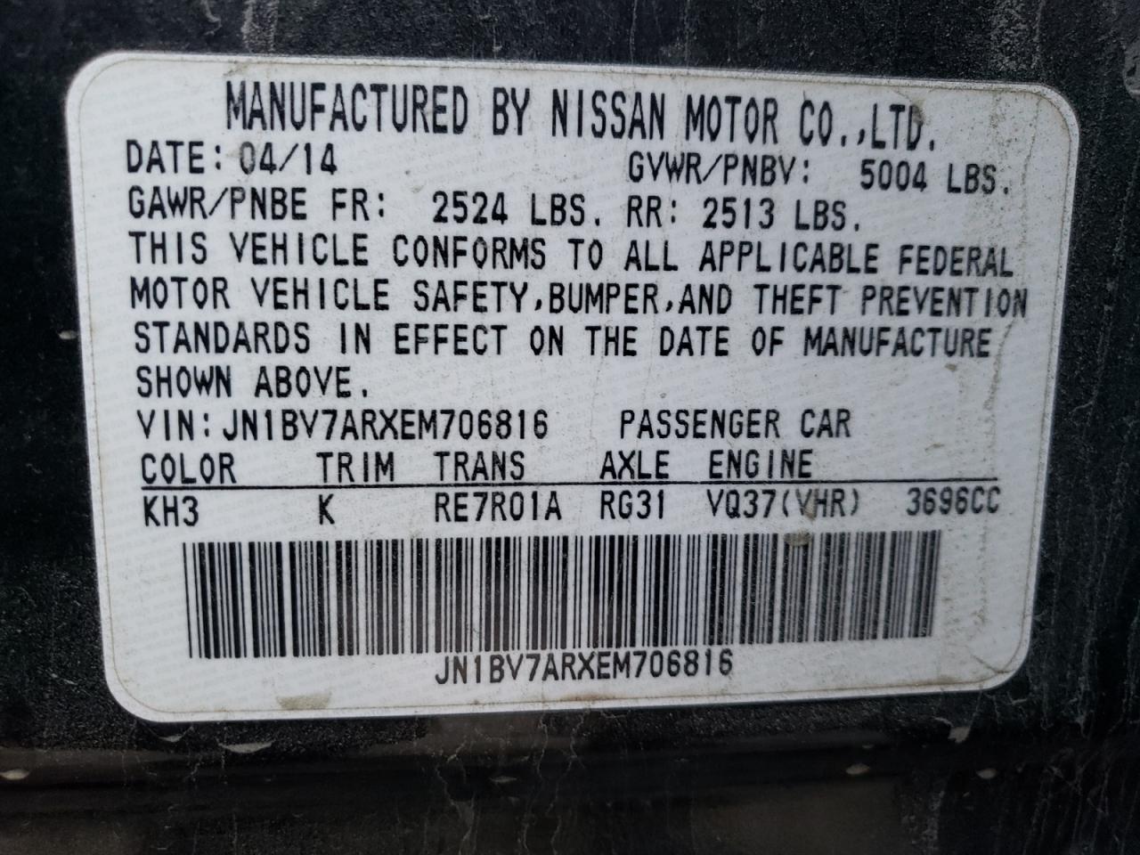 Photo 10 from auction – 2014 INFINITI Q50 BASE with VIN JN1BV7ARXEM706816