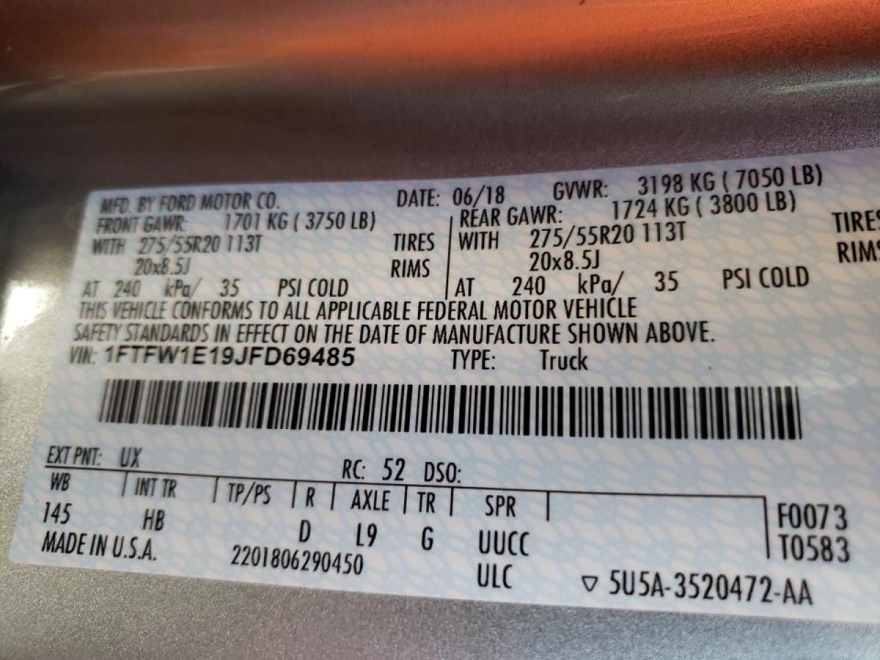 Photo 10 from auction – 2018 FORD F150 SUPER with VIN 1FTFW1E19JFD69485