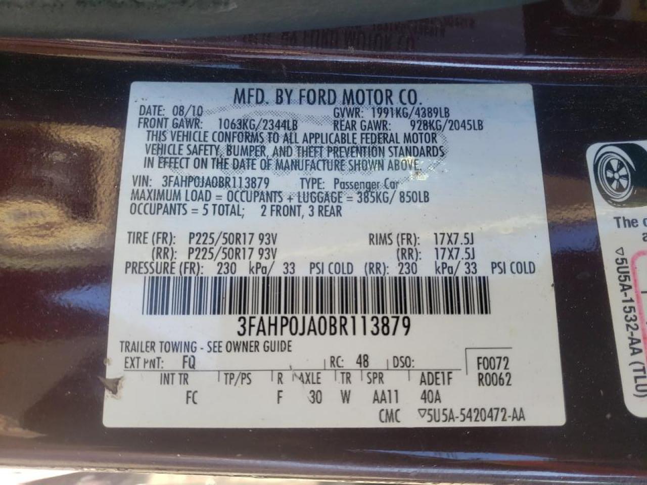 Photo 10 from auction – 2011 FORD FUSION SEL with VIN 3FAHP0JA0BR113879