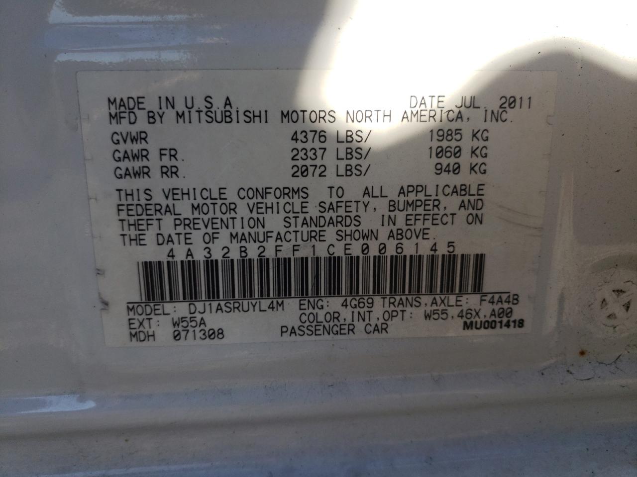 Photo 10 from auction – 2012 MITSUBISHI GALANT FE with VIN 4A32B2FF1CE006145