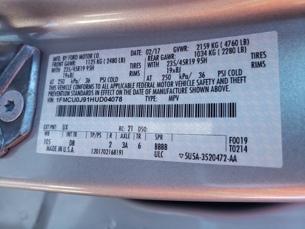 Photo 10 from auction – 2017 FORD ESCAPE TIT with VIN 1FMCU0J91HUD04078